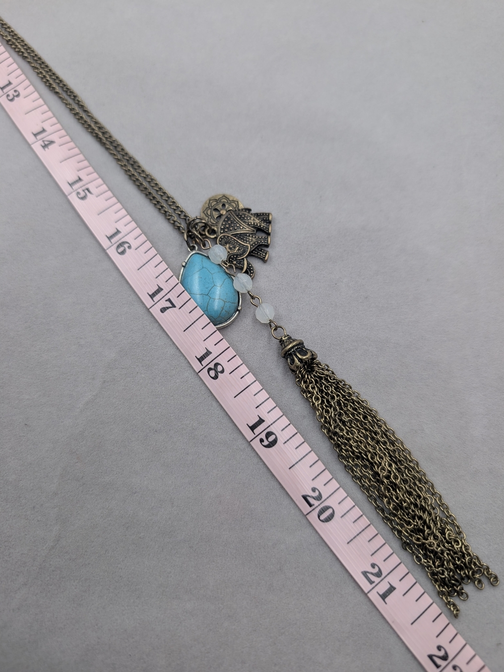 Boho Elephant Turquoise Tone Stone Tassel Statement Necklace 0810 - Picture 5 of 6